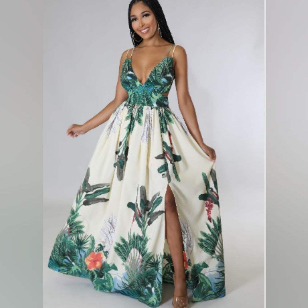 IVORY GREEN LEAF PRINT CUT-OUT MAXI DRESS